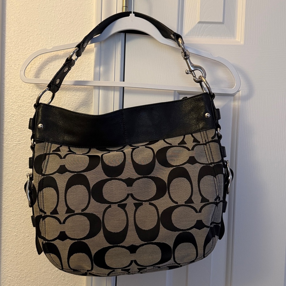 Coach Signature Hobo Blk/Tan Shoulder Bag. Teal Blue Interior! 12.5”Hx15”Wx5”D! - Picture 7 of 16